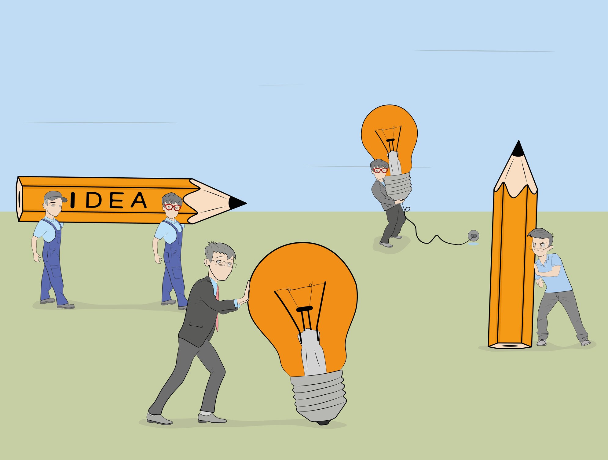 Cartoon characters working with light bulbs and pencils, one with the word idea written on it.