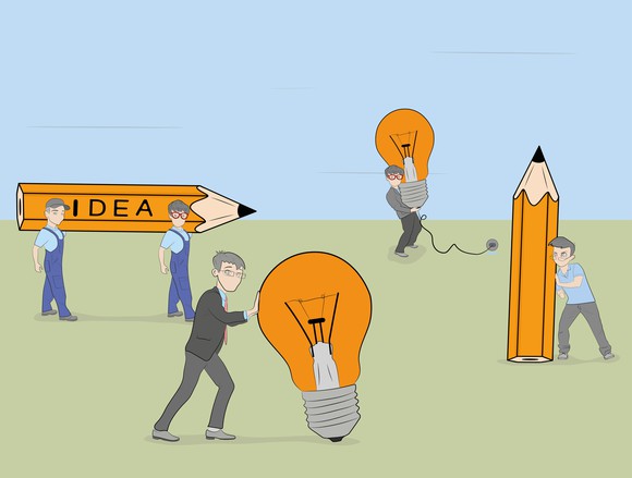 Cartoon characters working with light bulbs and pencils, one with the word idea written on it.