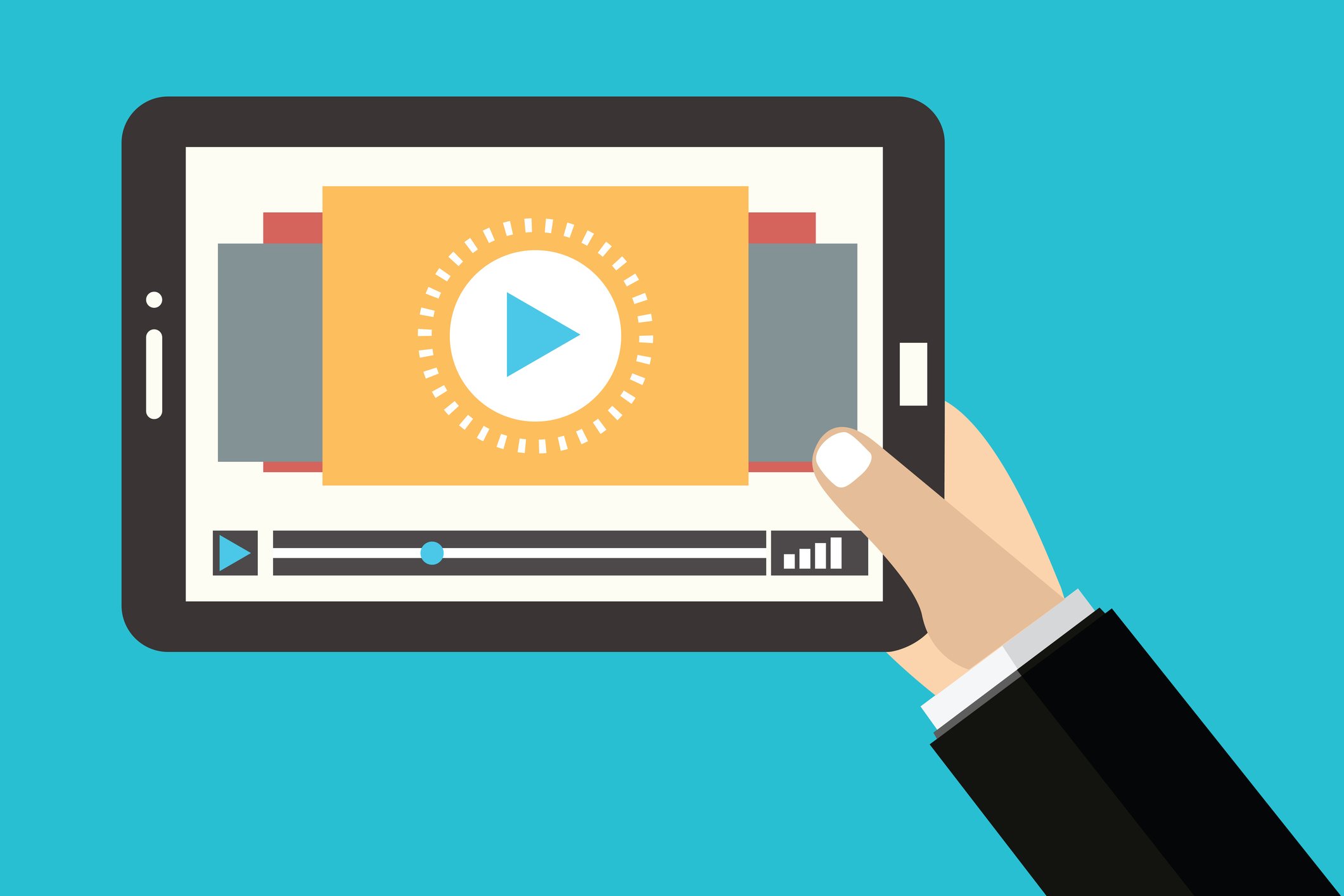 An illustration of a person holding a tablet, watching a video.