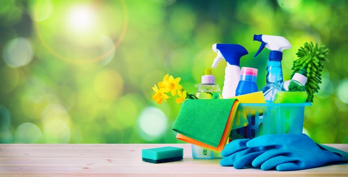 Cleaning products on a counter. 