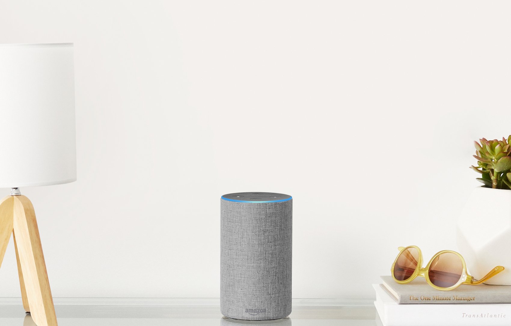 Amazon Echo smart speaker on table.