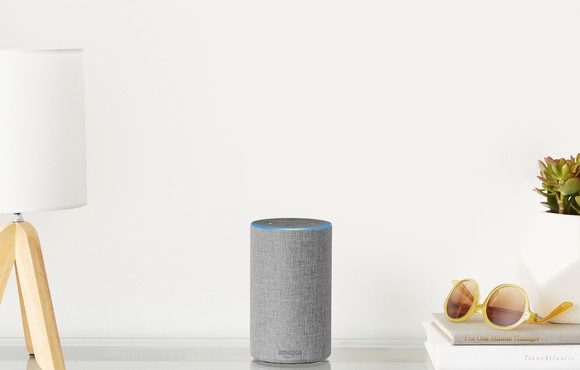 Amazon Echo smart speaker on table.