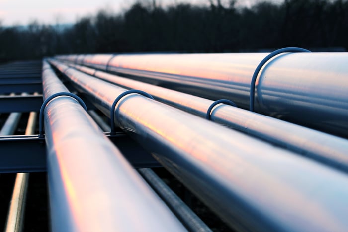 Several pipelines at dusk.