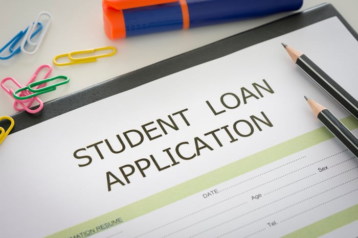A student loan application form, surrounded by writing utensils and colorful paper clips.
