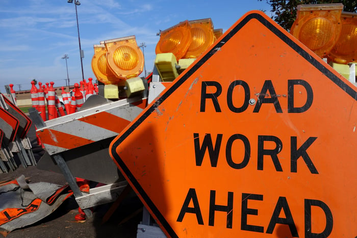 Road work ahead sign at road construction site