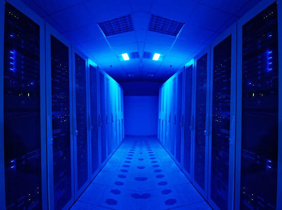 Banks of servers bathed in blue light