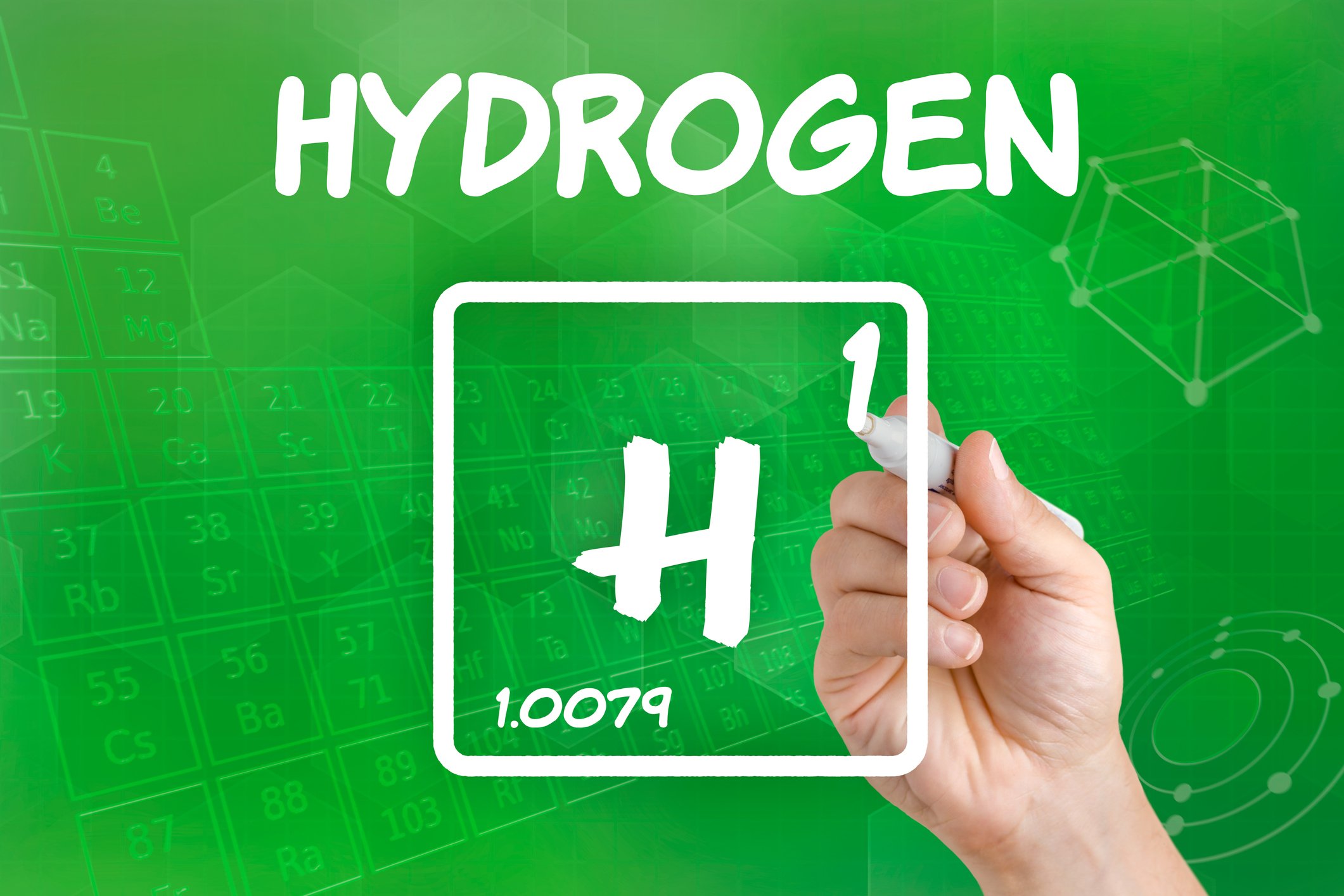 Hydrogen is written above its symbol from the periodic table.