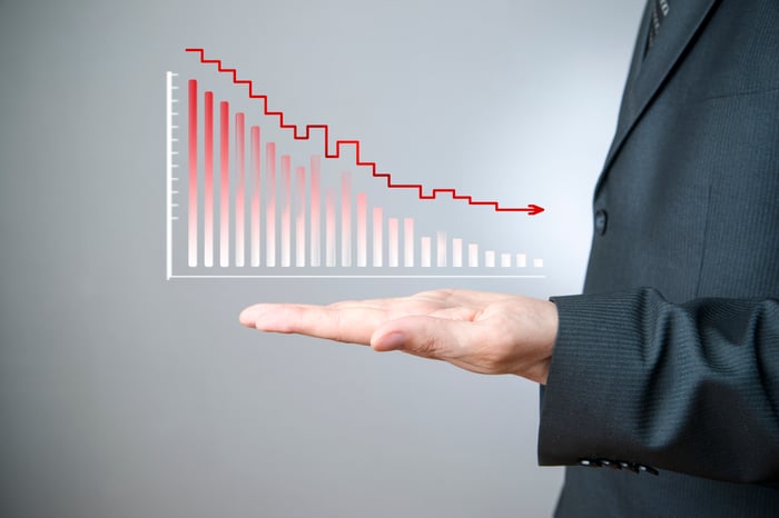 A businessman holding out his hand with a bar chart showing losses hovering over it