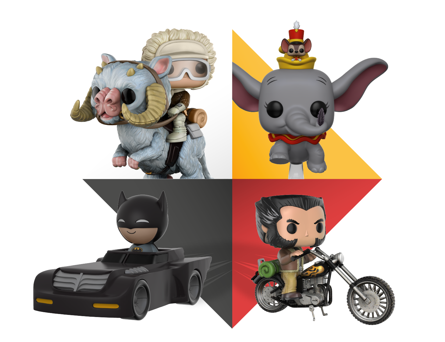 Montage of Funko collectible toys based on popular movie characters.