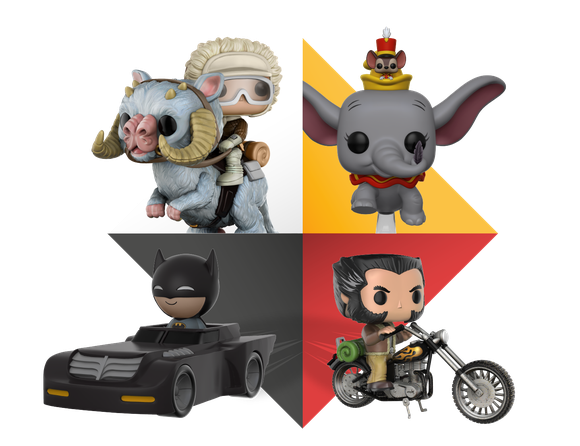 Montage of Funko collectible toys based on popular movie characters.