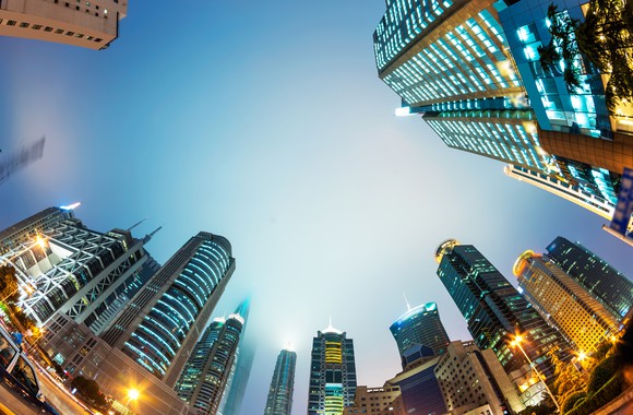 Image of Shanghai skyscrapers from below