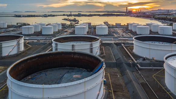 Oil storage tanks.
