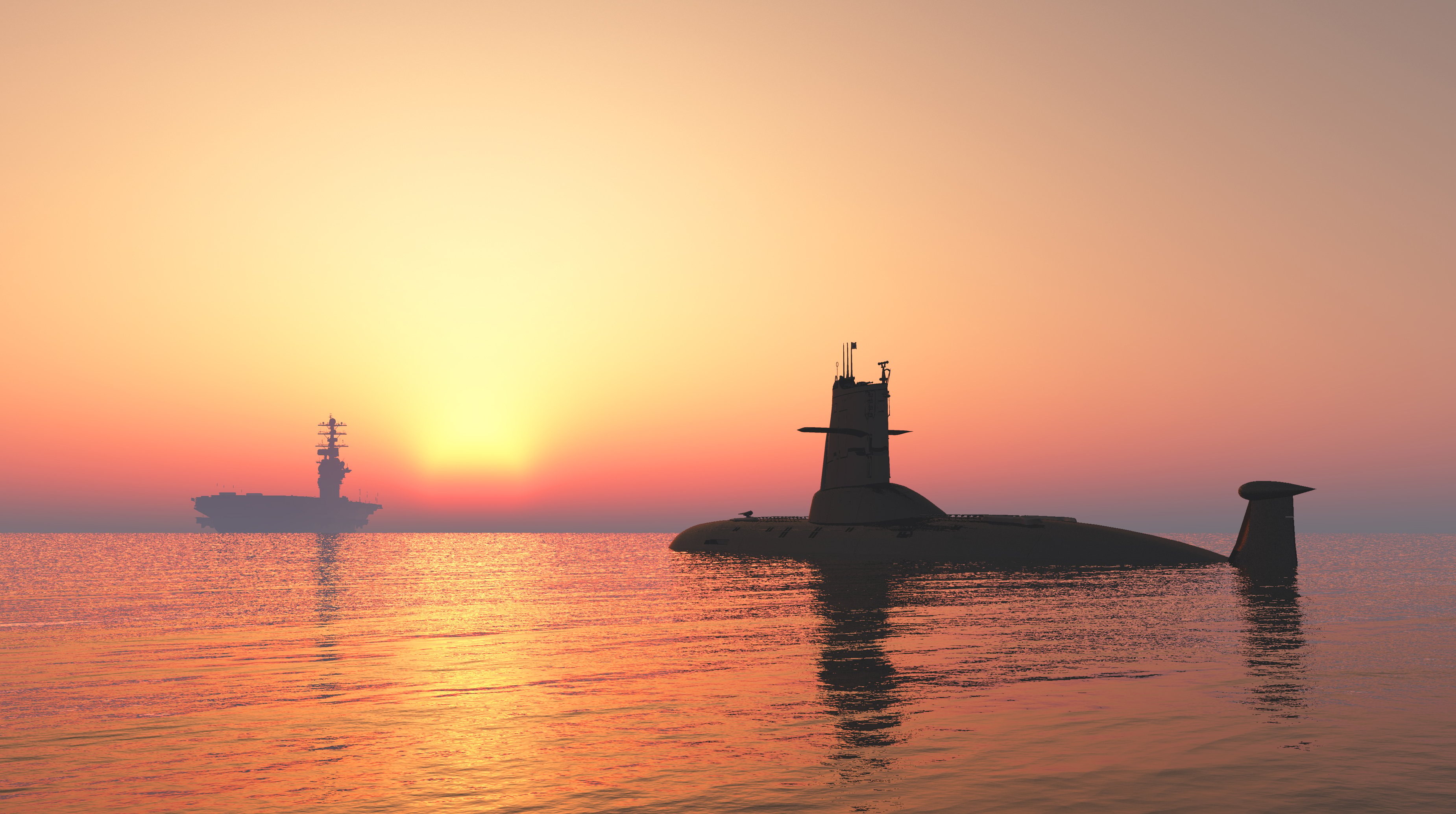 Submarine and aircraft carrier against a sunset
