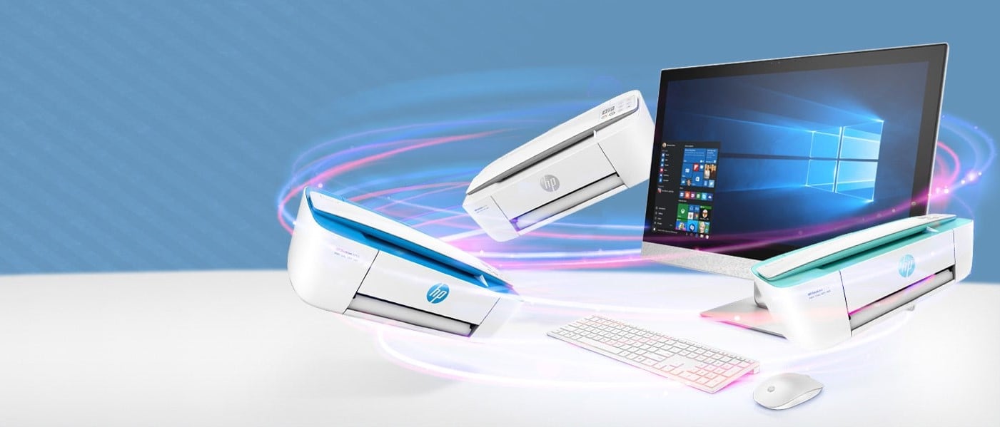 HP's printers surrounding a monitor.