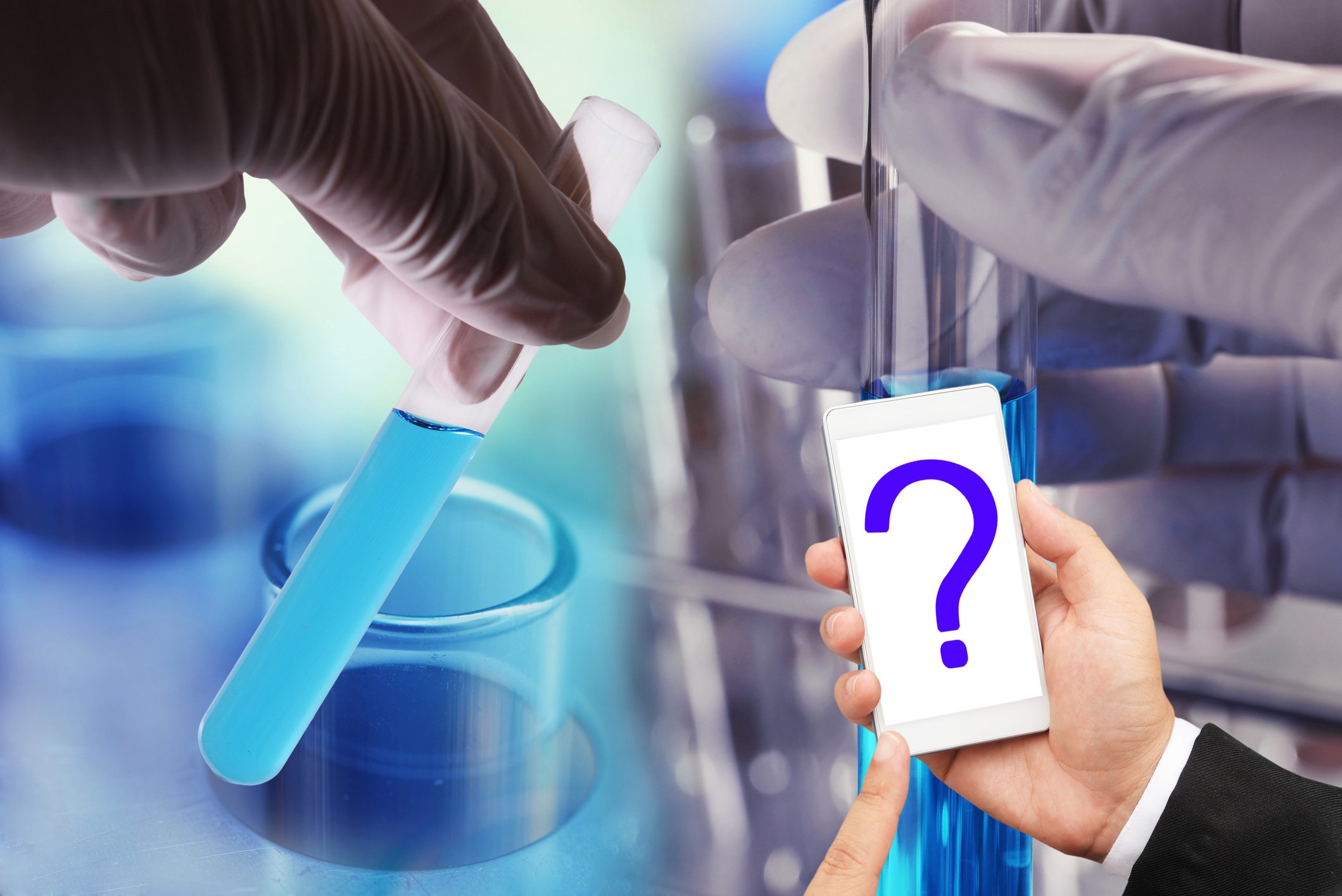 Gloved hands hold test tubes. Hand of person in blazer holds white cell phone displaying a question mark.
