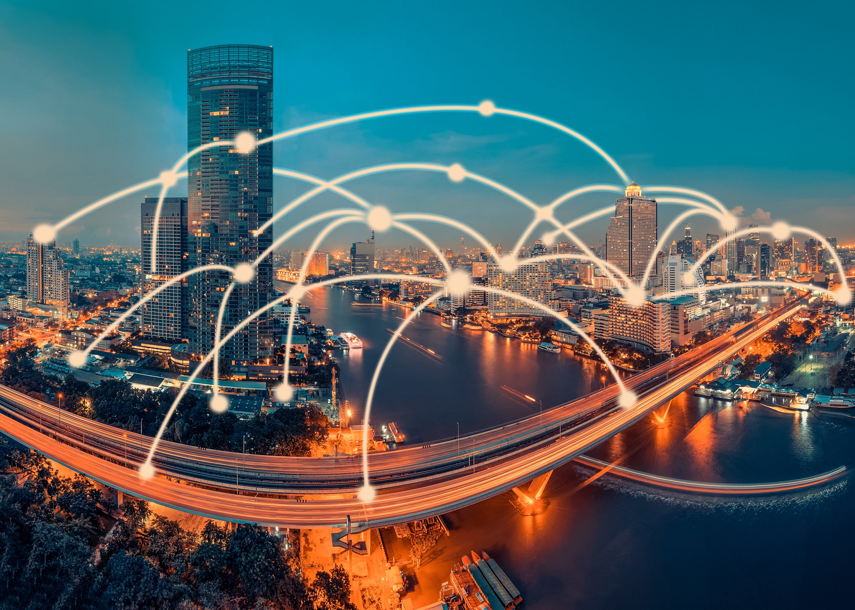 Connected dots across a city skyline