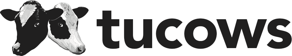 Tucows' corporate logo, featuring two cow heads and the company name.
