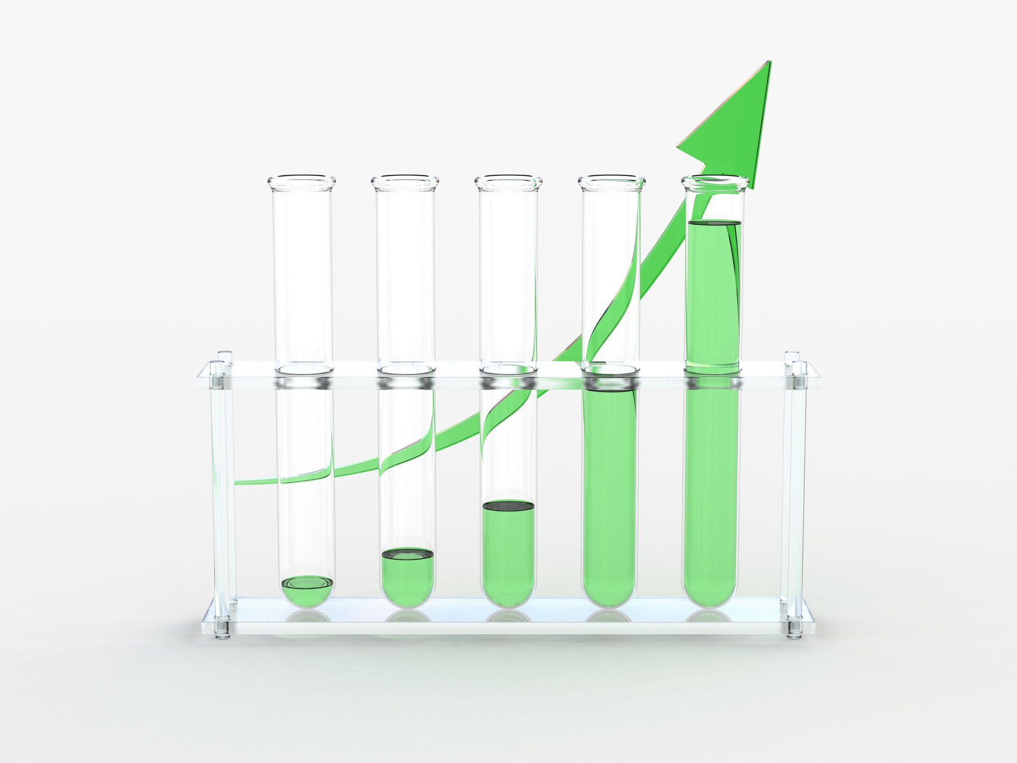 Test tubes with increasing levels of green liquid and a green arrow curving upwards behind them.