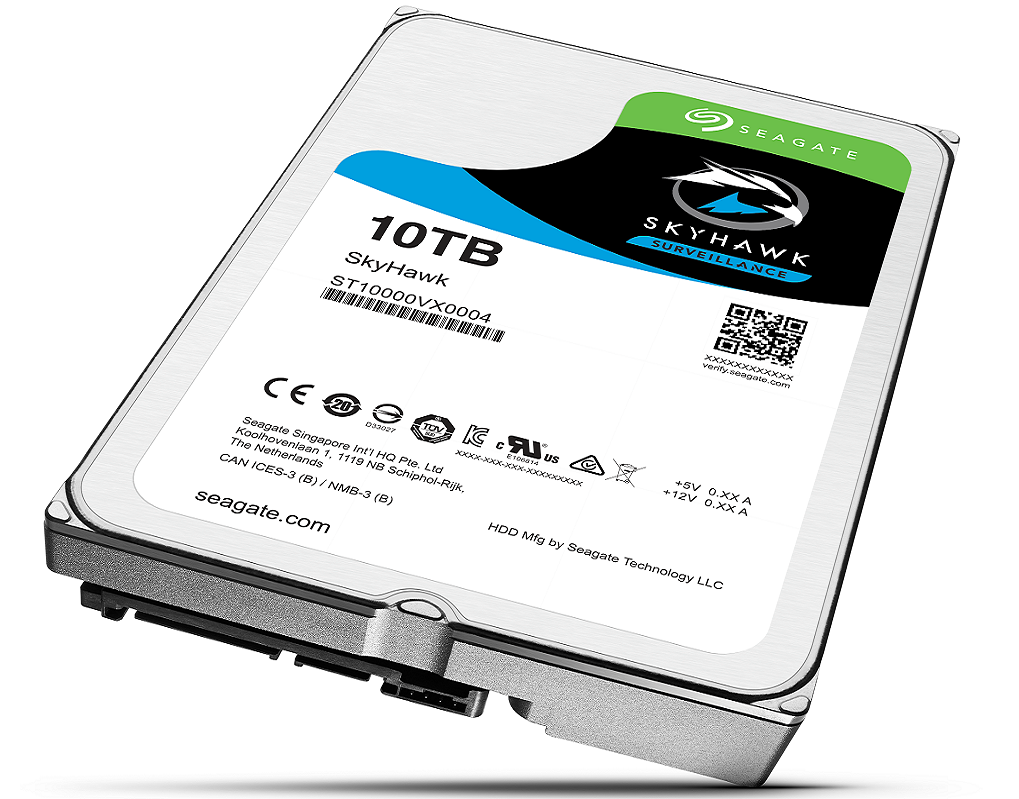 Seagate-branded Skyhawk 10-terabyte hard drive in silver.