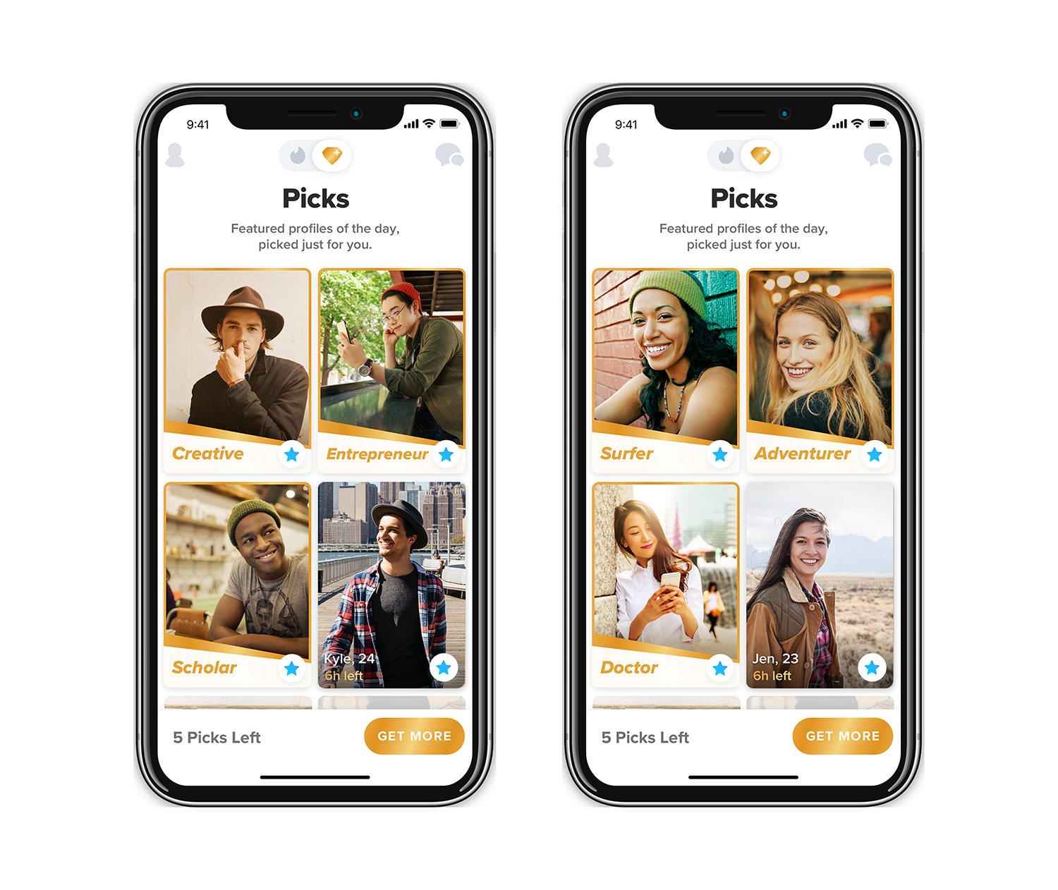 Two screenshots showing Tinder Picks on a mobile phone.