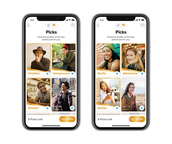 Two screenshots showing Tinder Picks on a mobile phone.