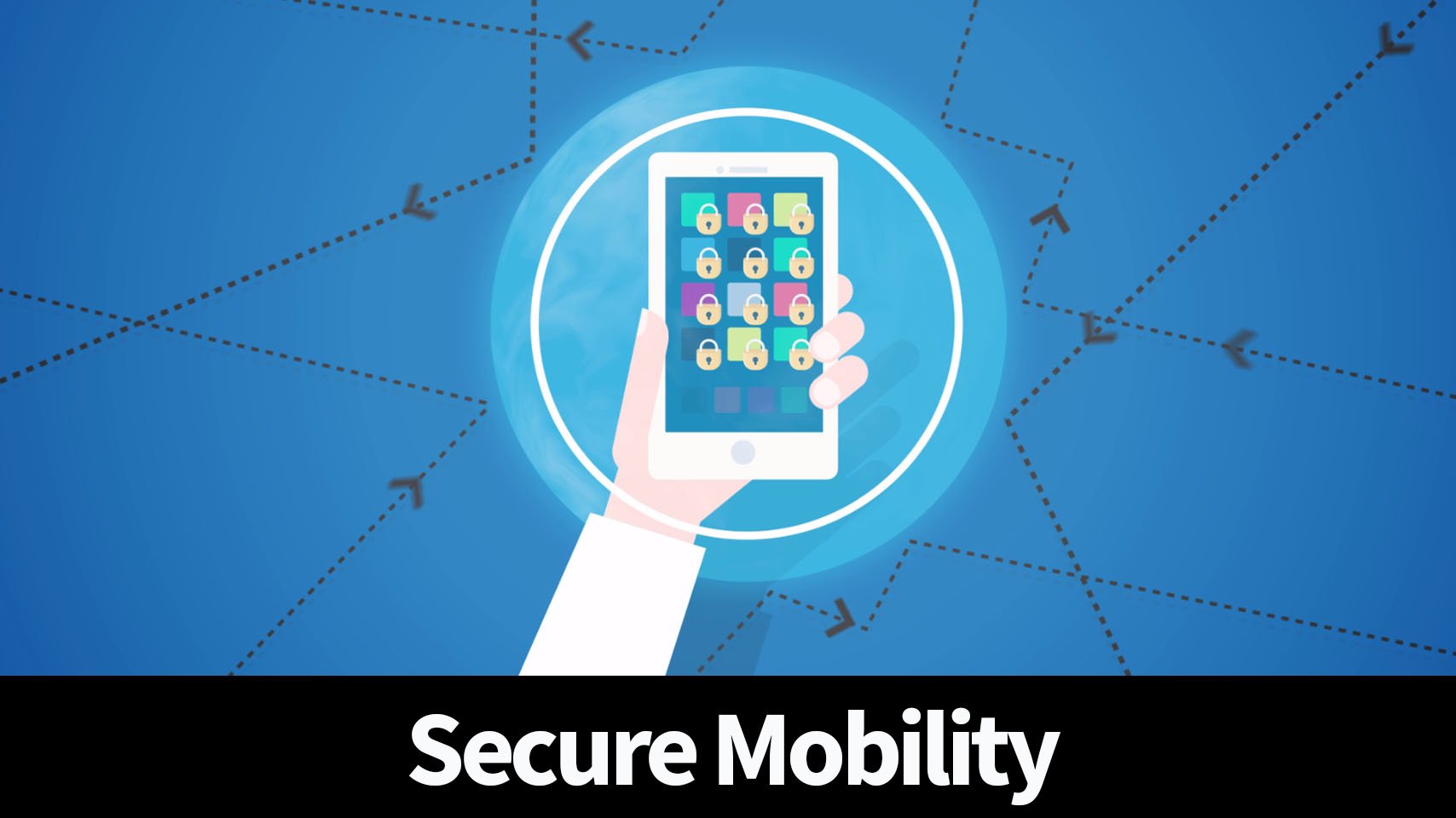 Animated hand holding smartphone with caption Secure Mobility.