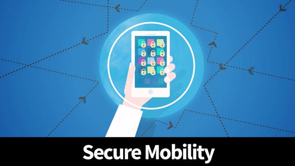 Animated hand holding smartphone with caption Secure Mobility.