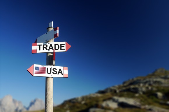 Road signs with "Trade" and "USA" facing opposite directions