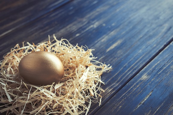 A golden egg in a nest.
