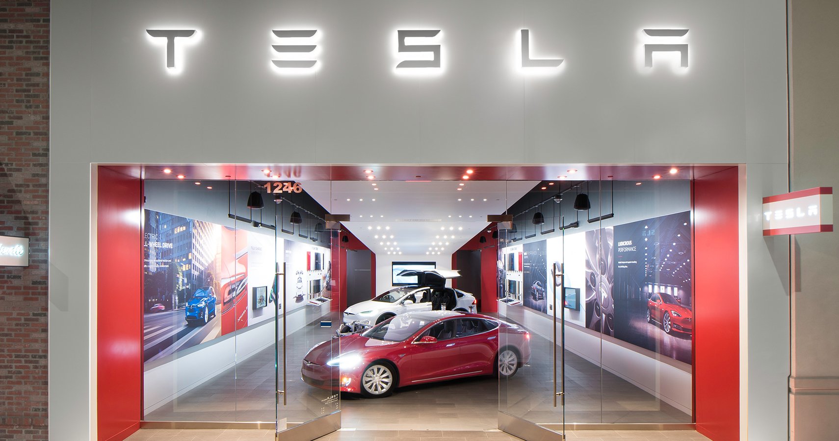 The facade of a Tesla store in a mall in Walnut Creek, California.