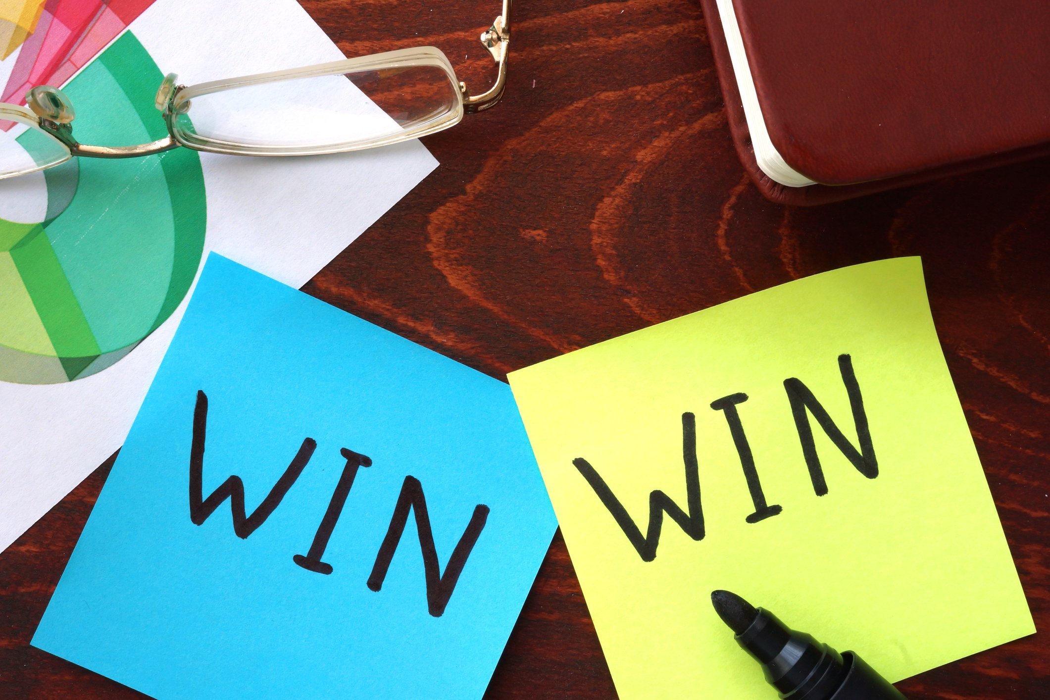Two Post-It notes that each read "WIN".