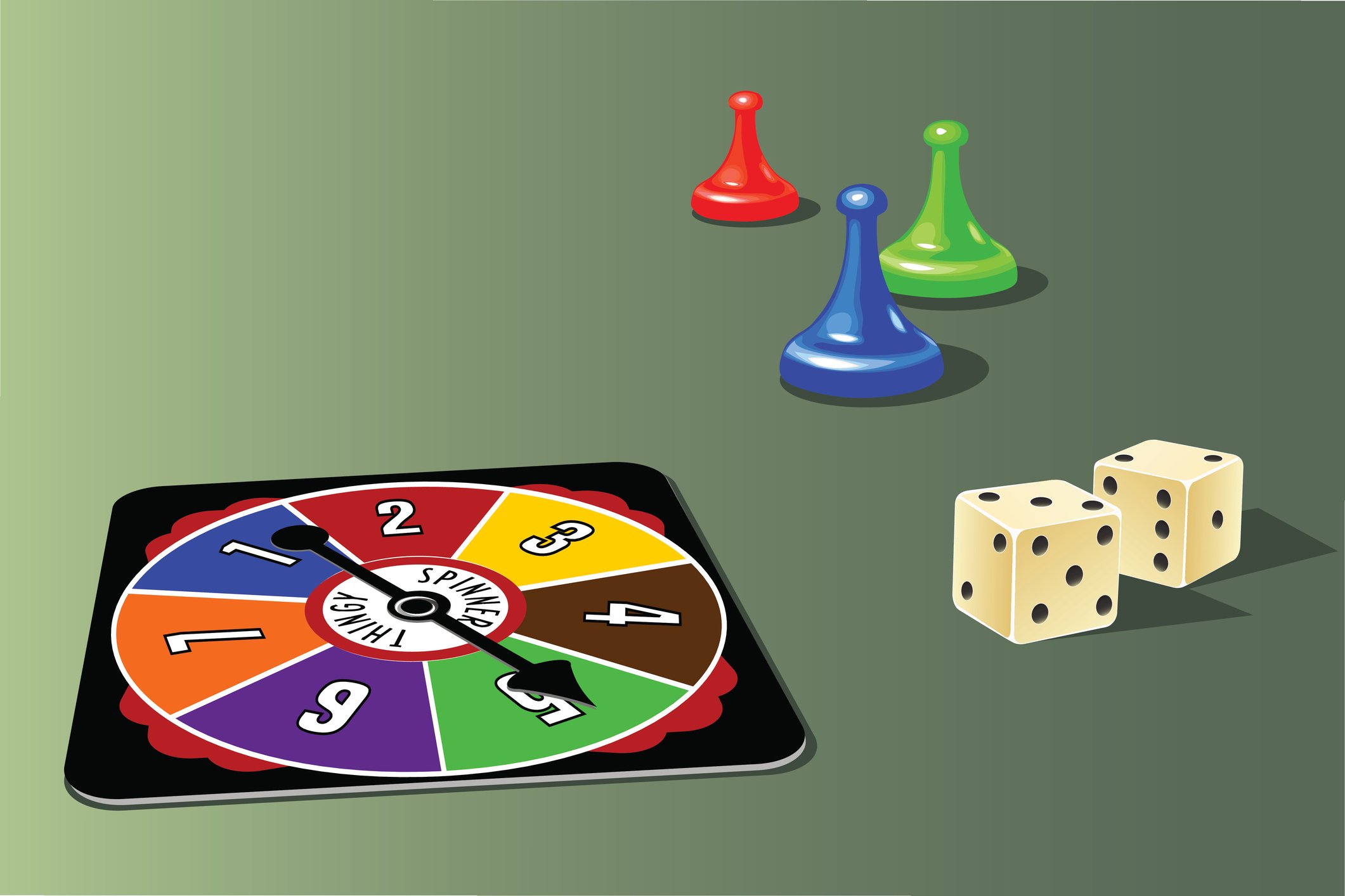 Cardboard spinner, game pieces and dice
