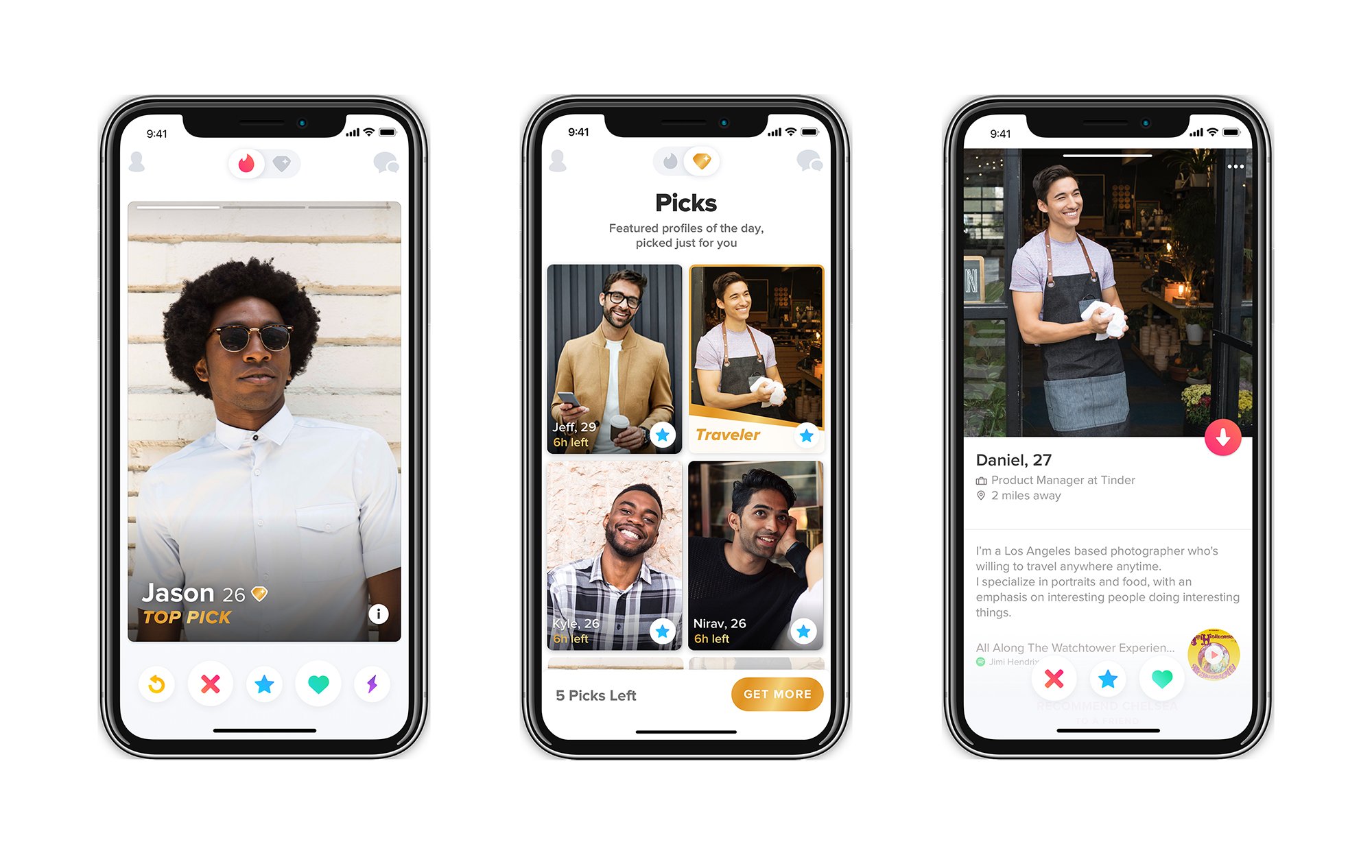 3 iPhone screenshots showing Tinder Picks.