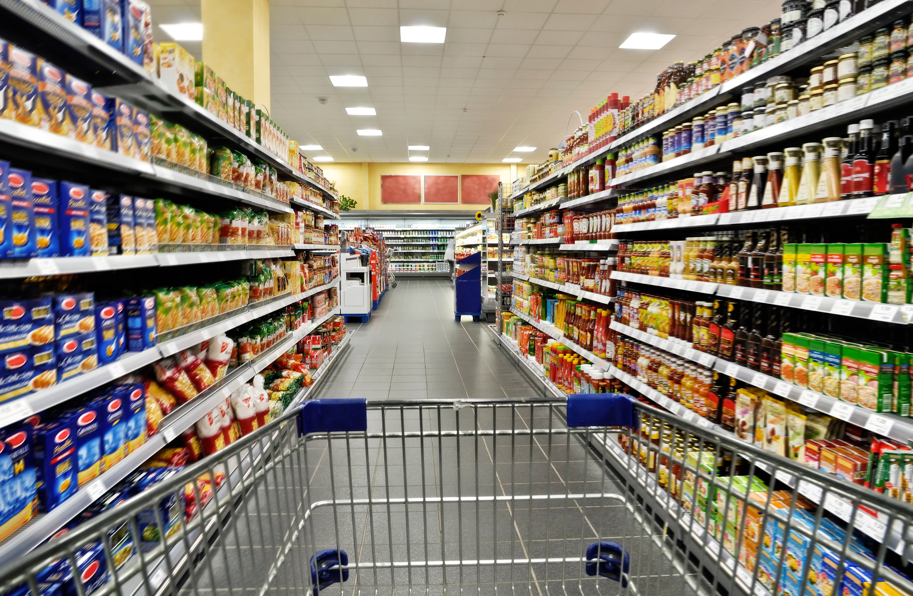 View of a grocery store aisle from the perspective of someone pushing a metal shopping cart.