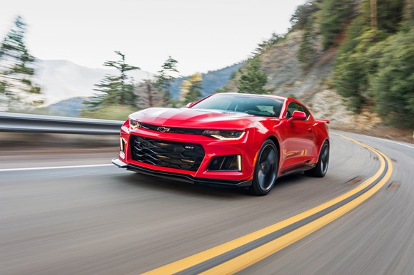 A 2018 Chevy Camaro ZL1 on a windy mountain road. 