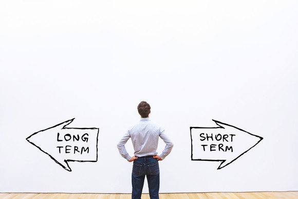 Man looking at a white wall with two arrows pointing in opposite directions. One says short term, the other says long term