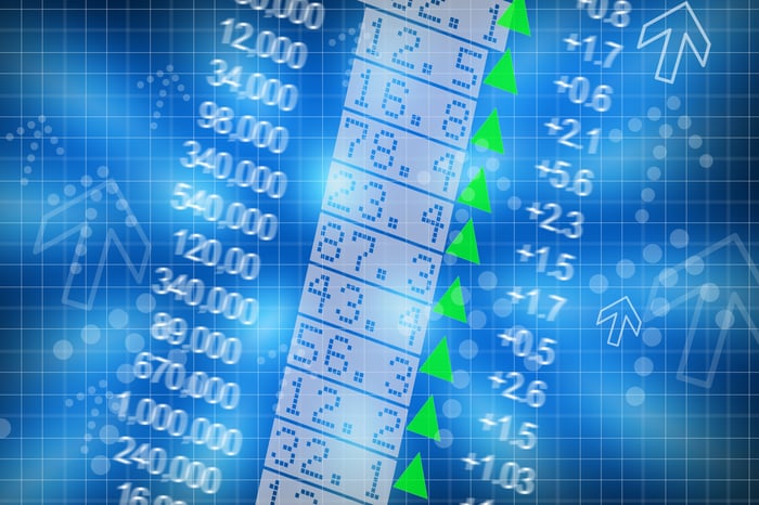 Column of stock prices and up arrows.