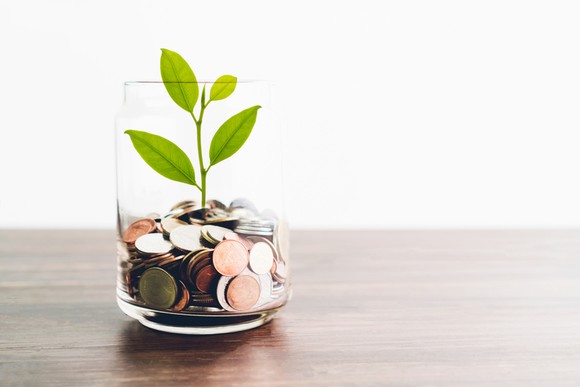 A jar of coins with a plant growing out of it.