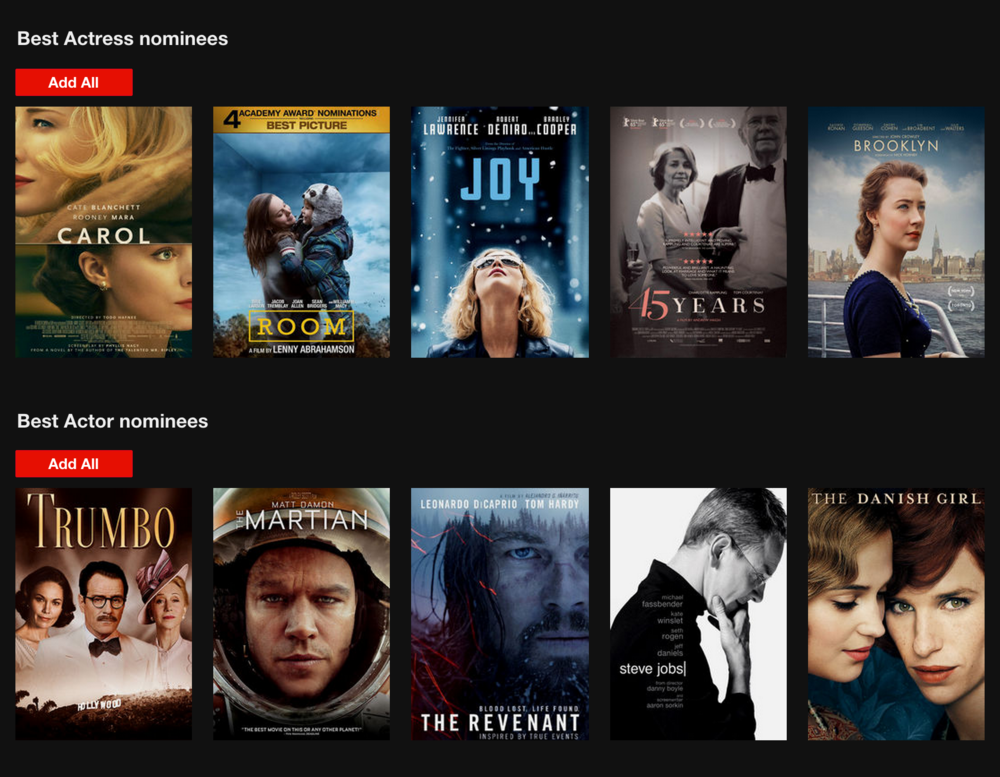 Netflix's Add All DVD option during the Academy Awards a couple of years ago.