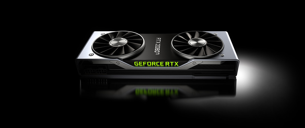 A new NVIDIA Geforce RTX GPU with ray tracing capability. The card is black and has two fans on top to keep the unit cool.