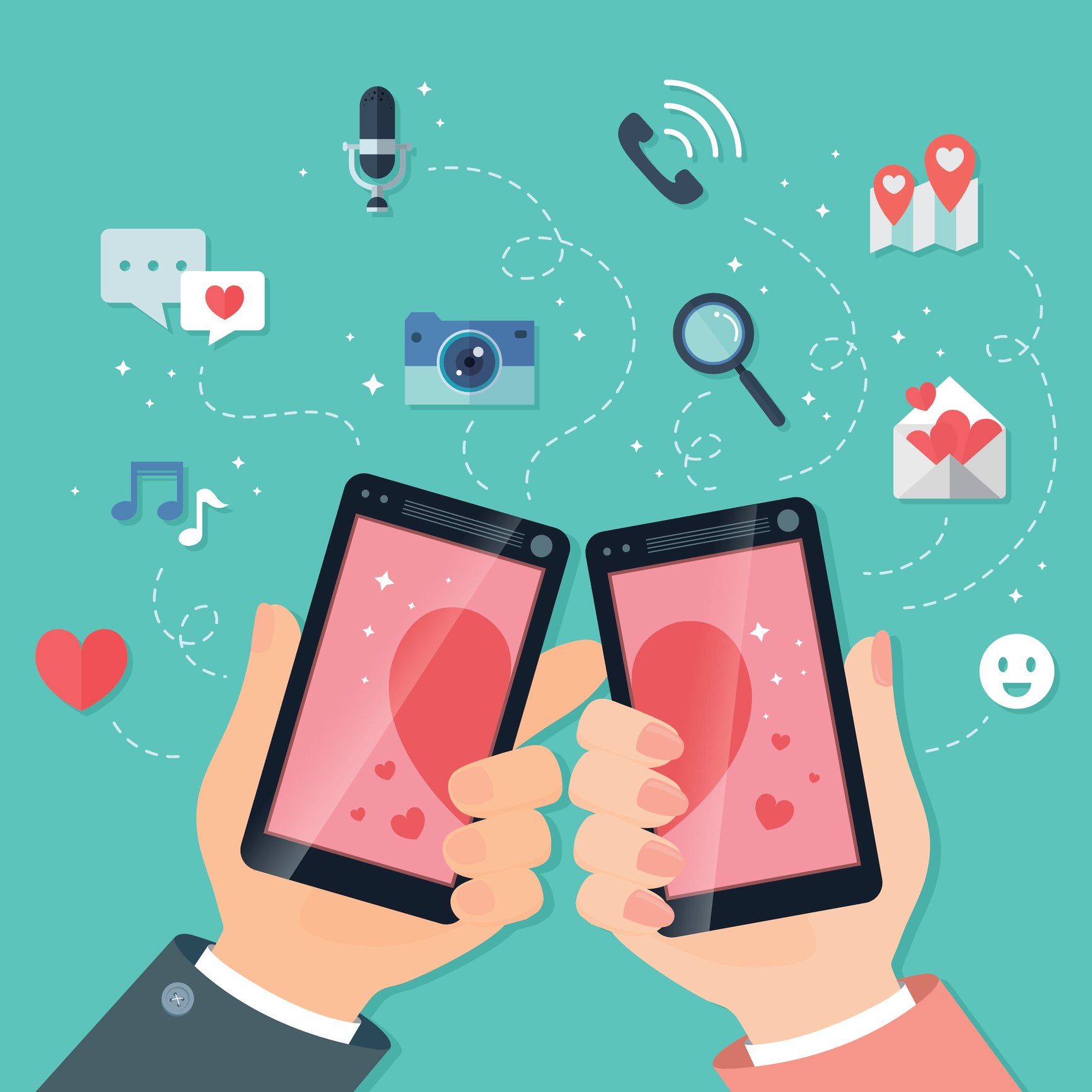 An illustration of two smartphones displaying two halves of a heart.