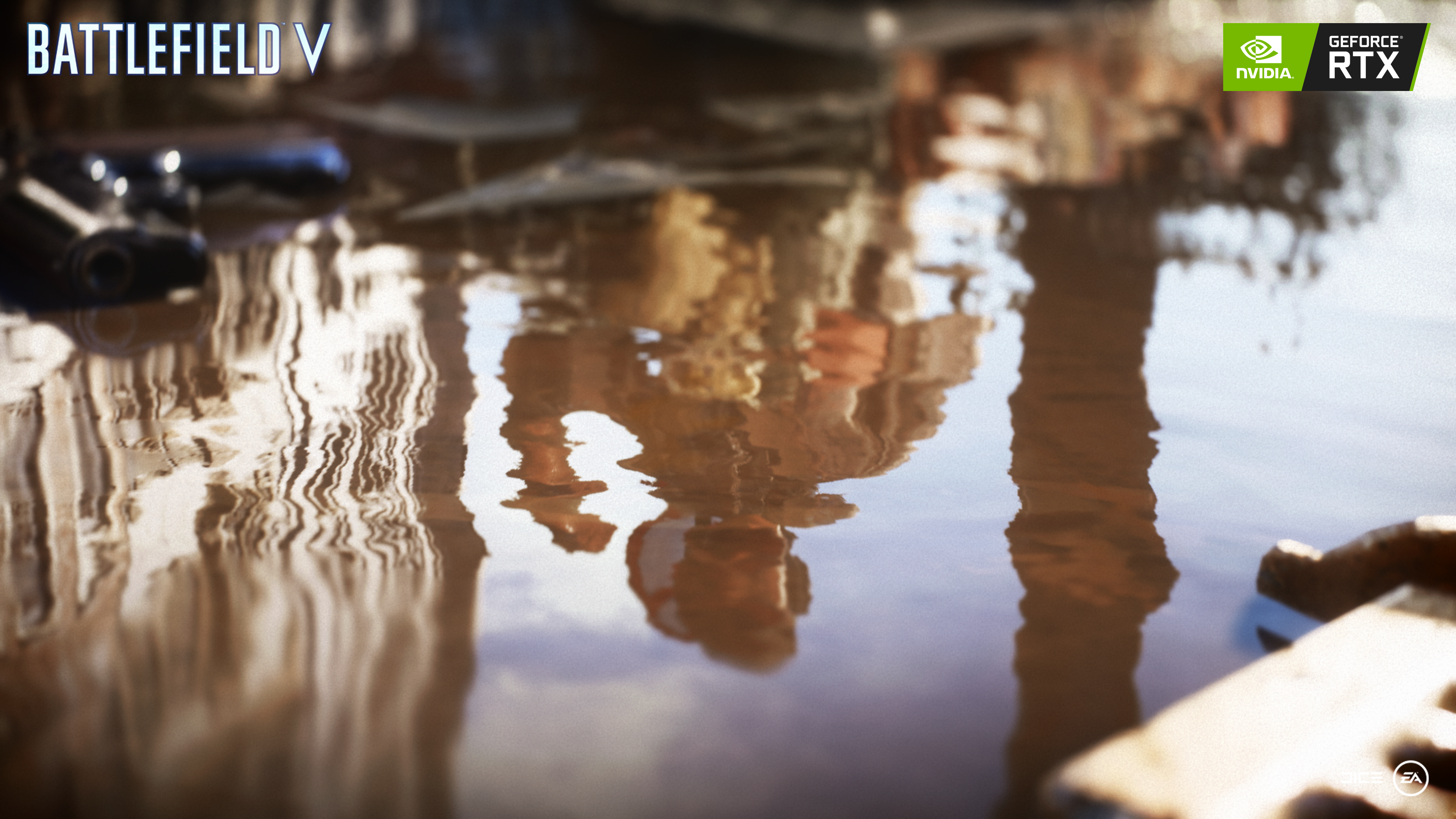 A scene from the video game Battlefield V, showing a character reflected in a puddle of water and the NVIDIA GeForce RTX logo