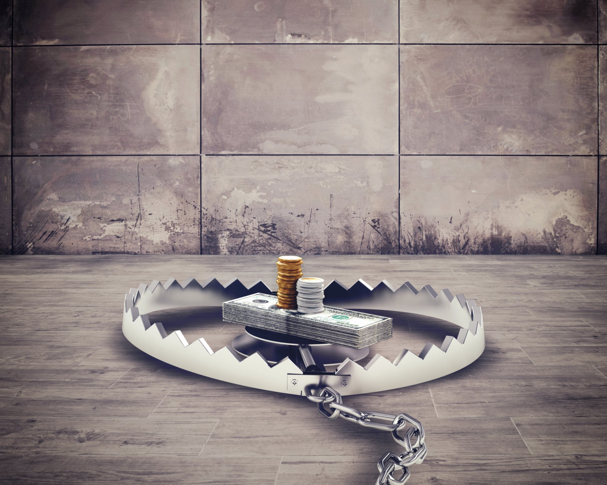 Money set as bait in a bear trap.