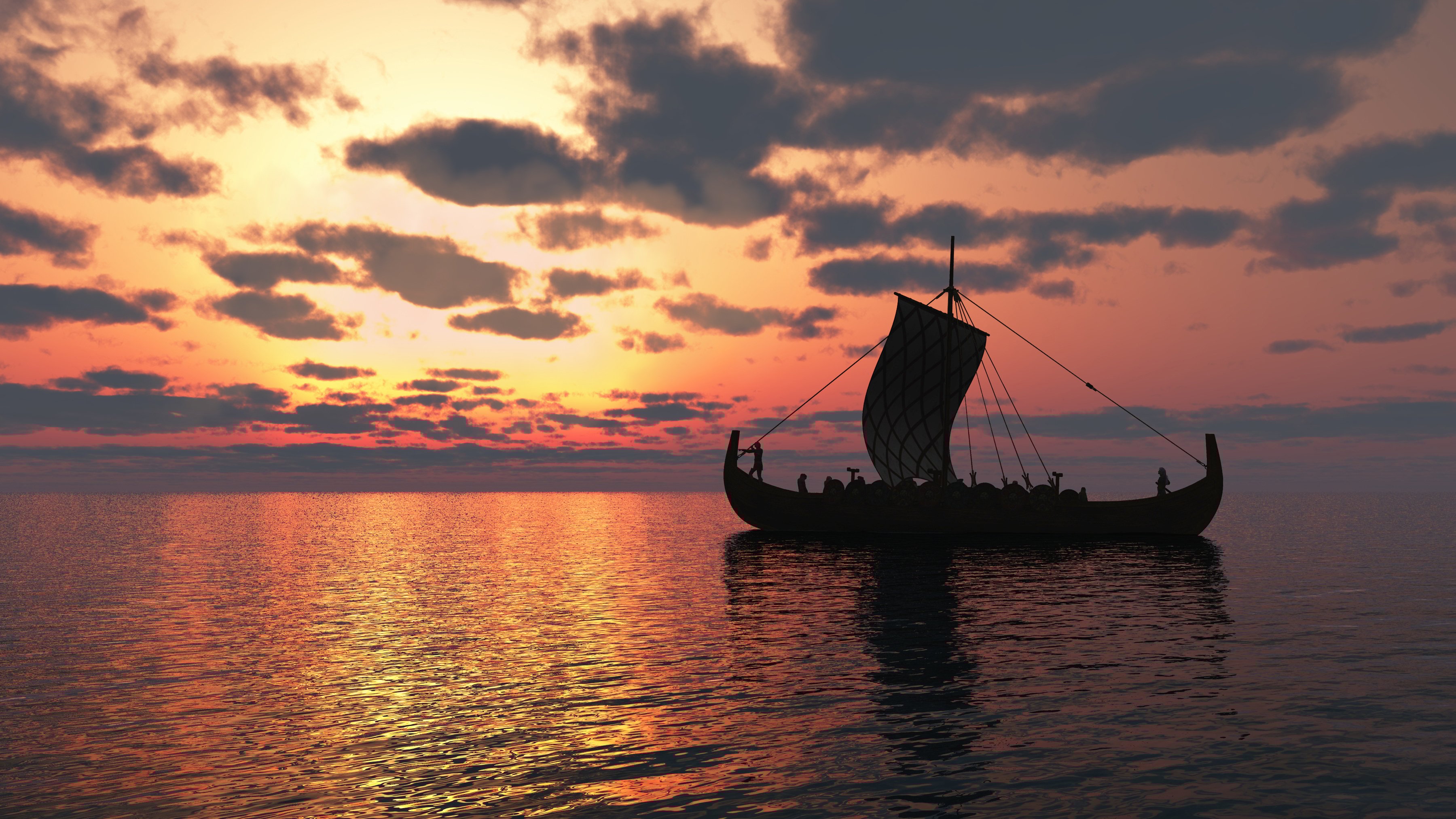 Viking longship sailing on a calm sea at sunset.