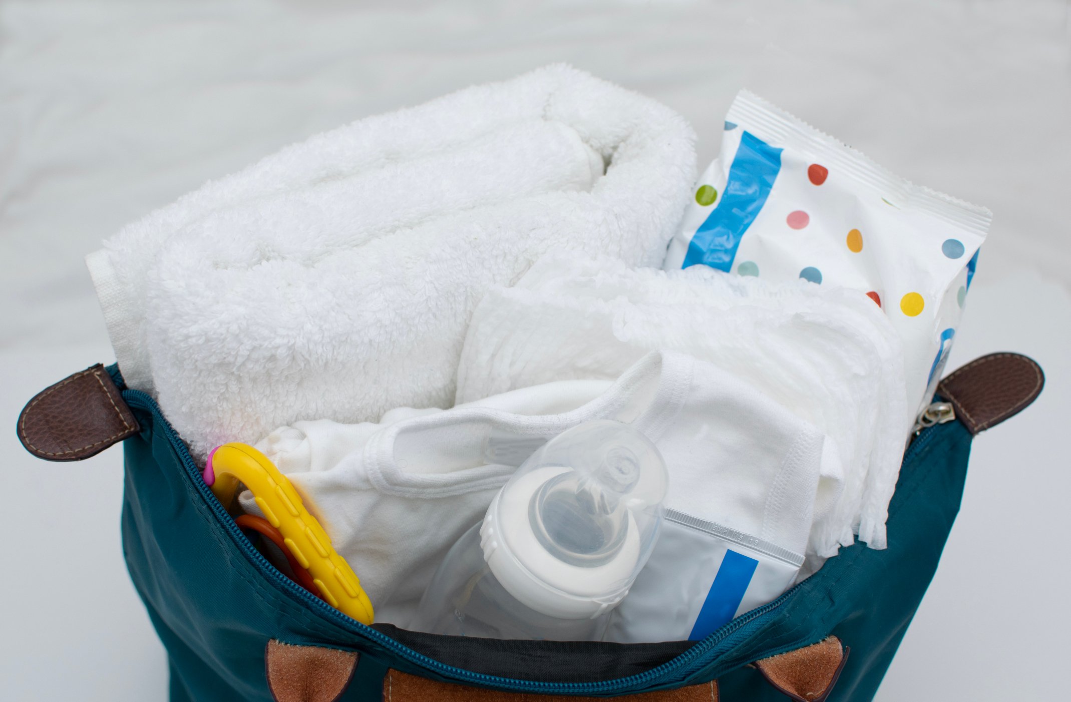 Baby products in a diaper bag. 
