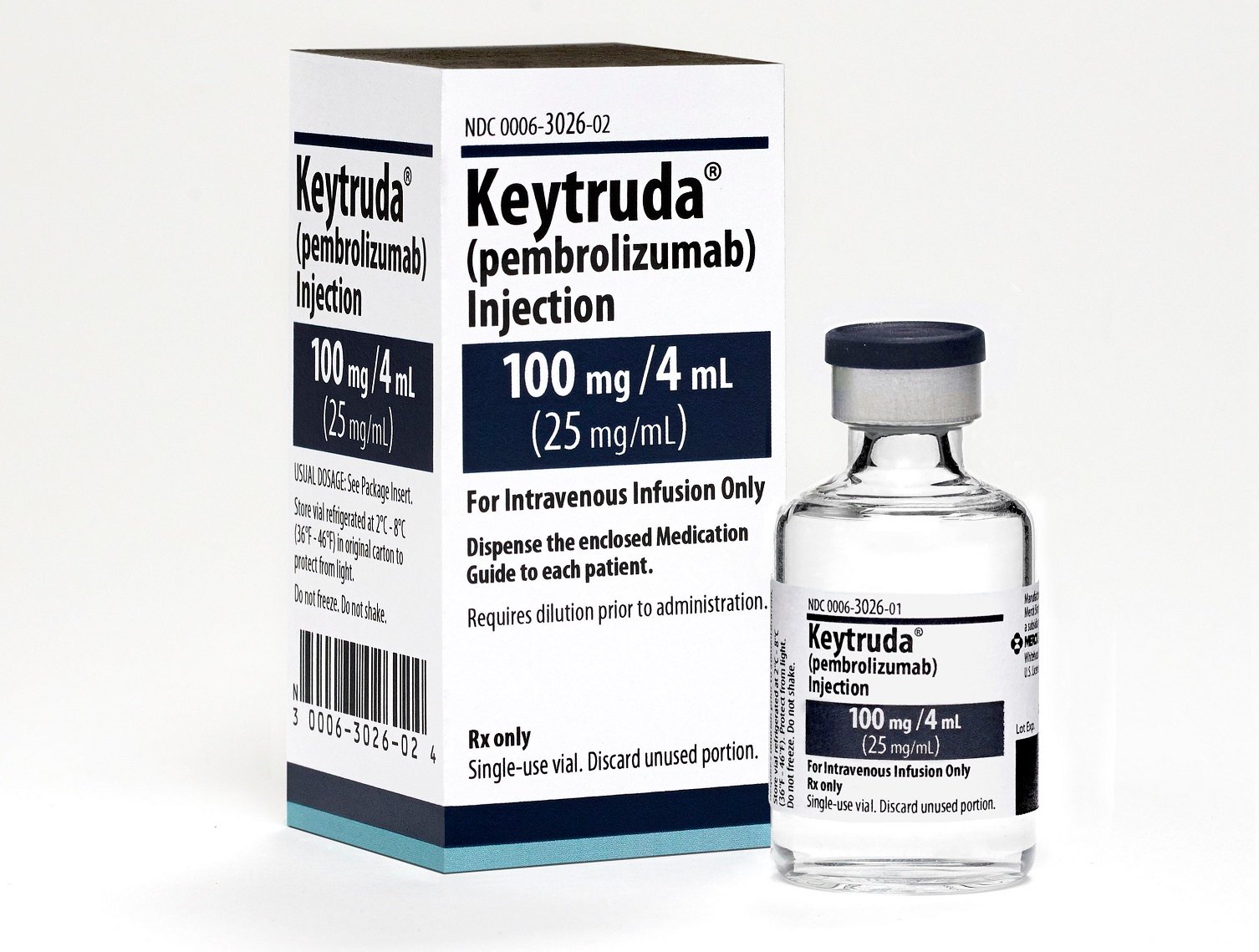 Bottle of Merck's Keytruda next to its box.