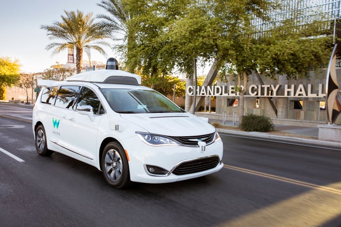 A white Chrysler Pacifica Hybrid with Waymo logos and visible self-driving sensor hardware is shown on a street in Chandler, Arizona. 