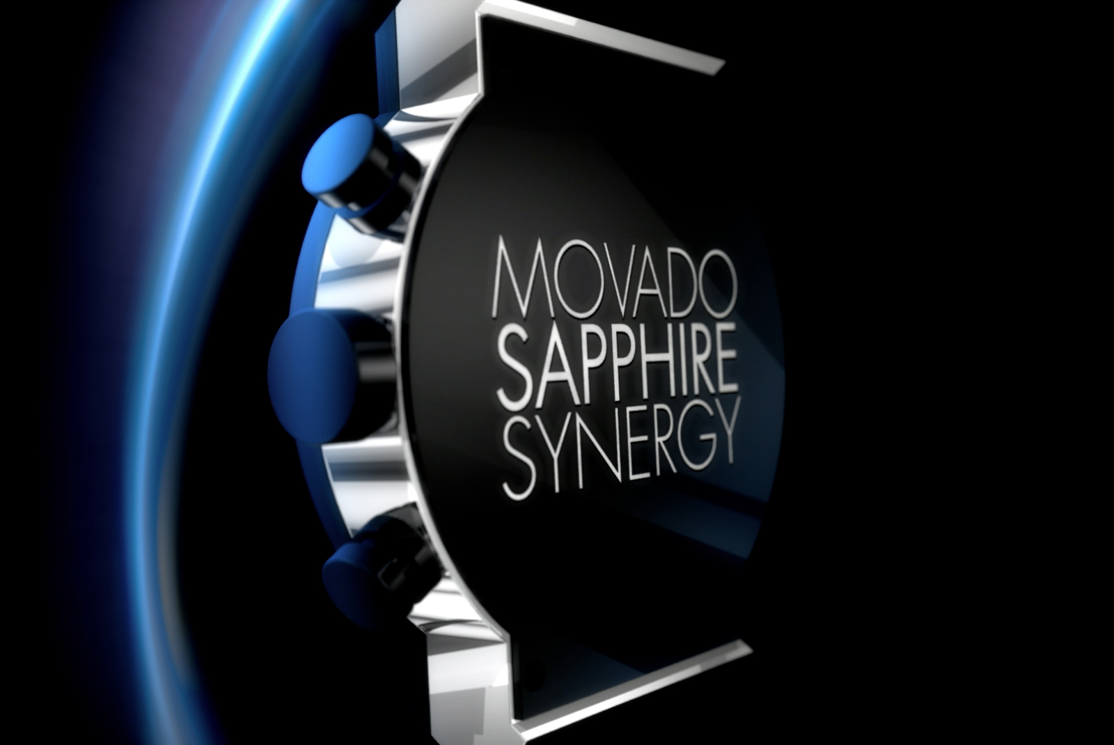 Back of silver-tone watch with blue outline, labelled Movado Sapphire Synergy.