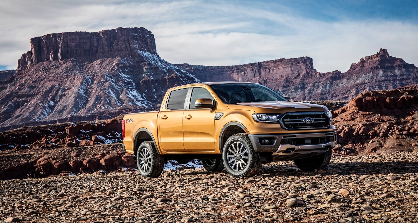 Ford's 2019 Ranger mid-size truck parked off-road.