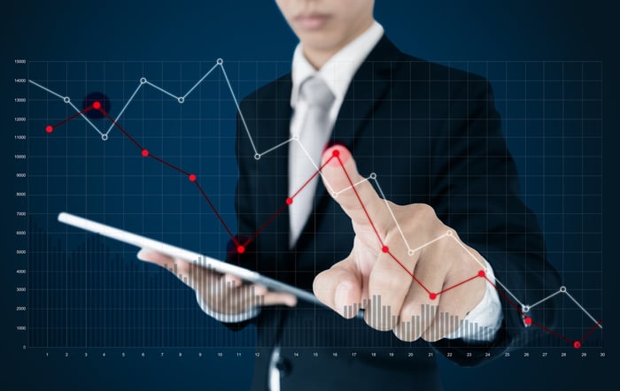 Man with tablet pointing to declining stock graph.